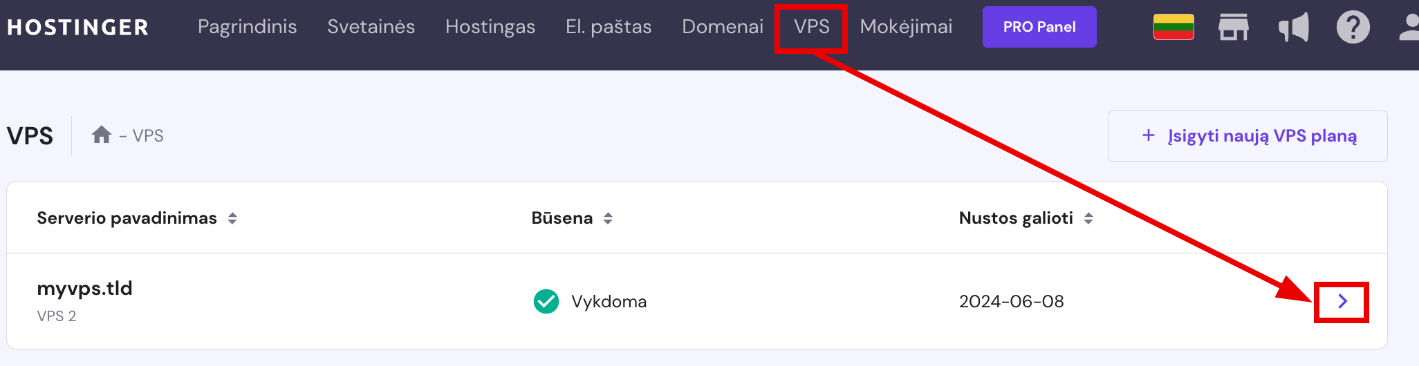 Hostinger paskyros skiltis VPS