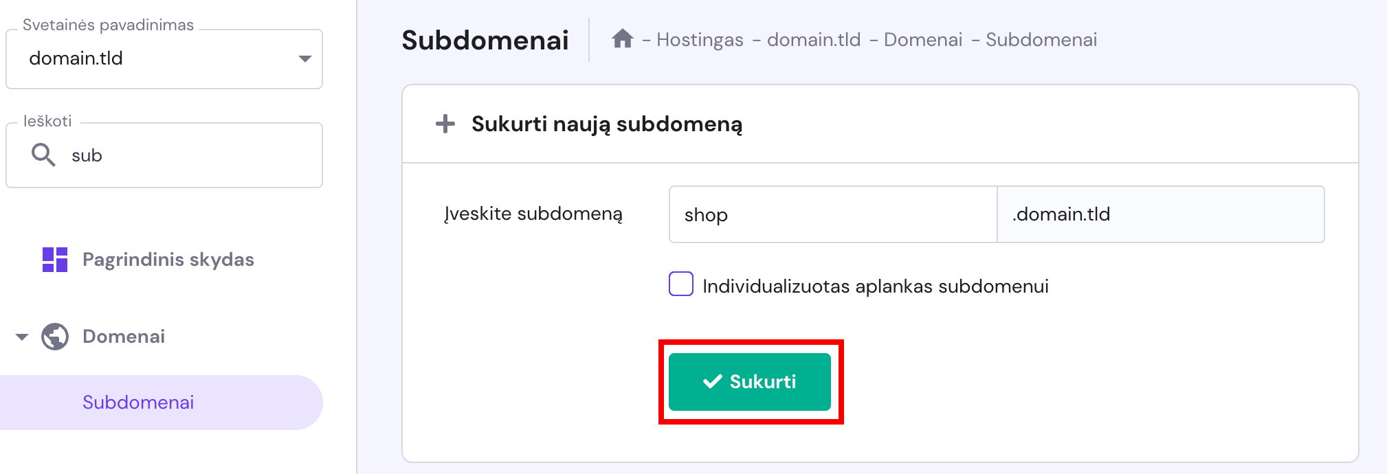 Naujo subdomeno kūrimas hPanel valdymo skyde