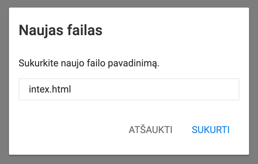 Svetainės failų tvarkyklėje matomas langas Naujas failas