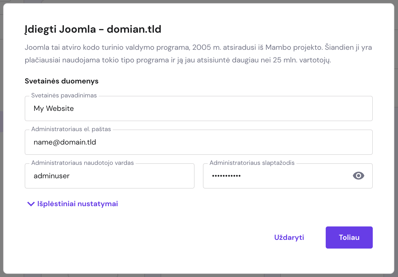 Pagrindinių duomenų apie svetainę ir jos savininką pateikimas diegiant pageidaujamą TVS