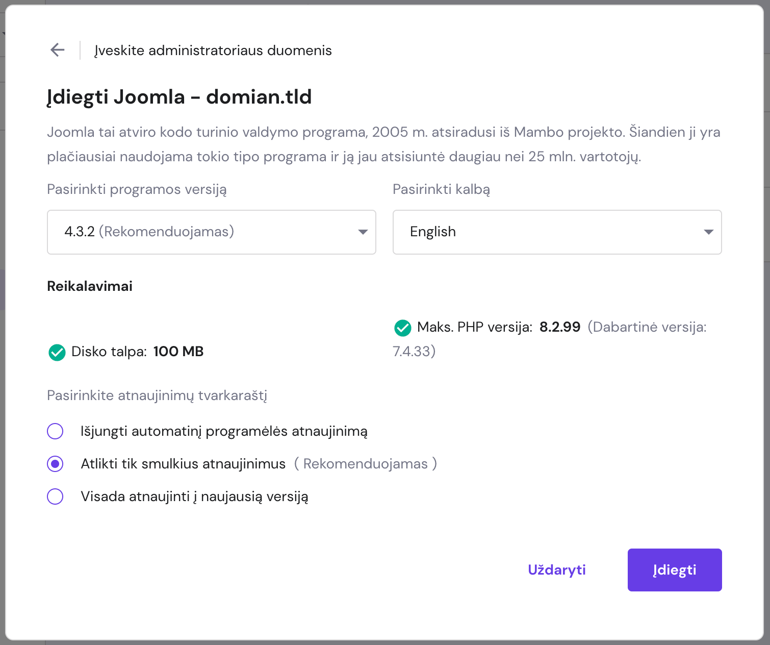 Pageidaujamos TVS diegimas