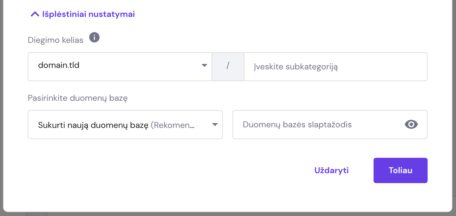 Išplėstinės parinktys diegiant TVS