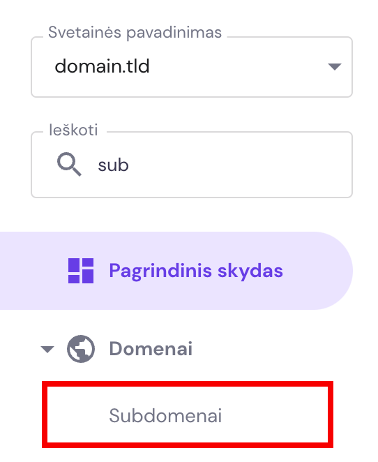 Hostingo valdymo skyde esanti nustatymų skiltis Subdomenai