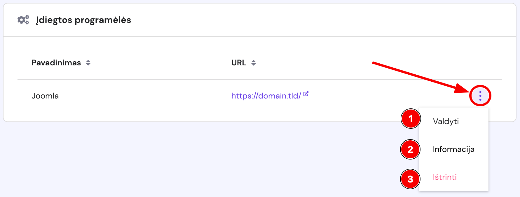 Įdiegtos TVS valdymo parinktys