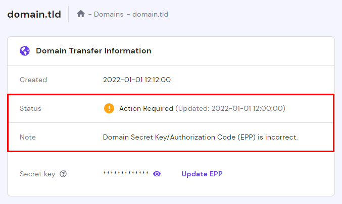 Skiltyje Domenai matoma informacija apie perkeliamą domeną