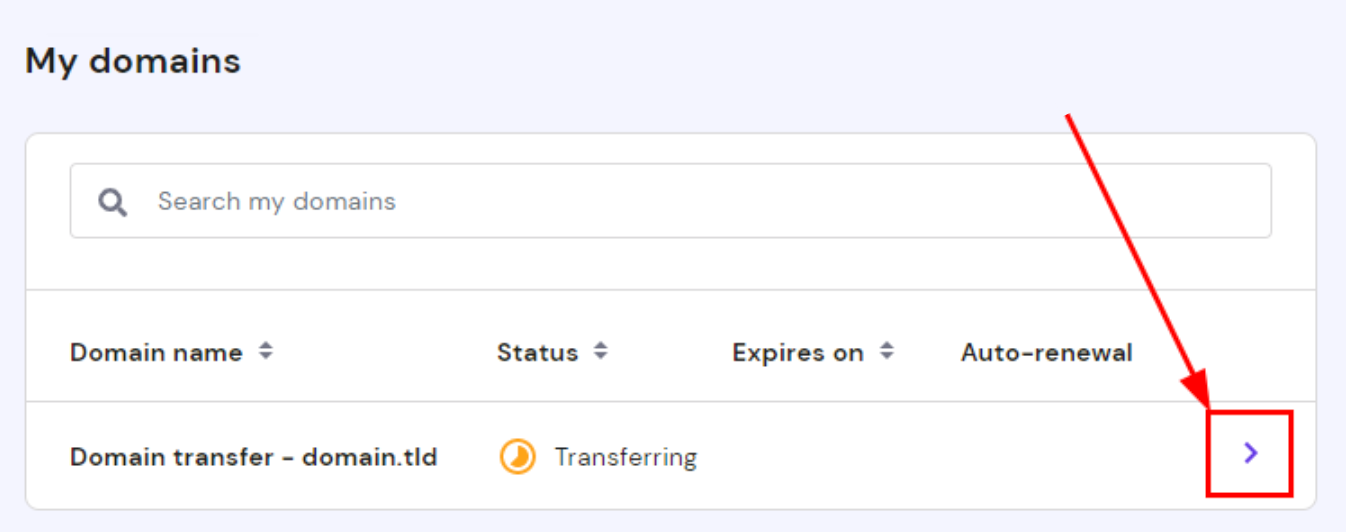 Skiltyje Domenai matoma informacija apie perkeliamą domeną
