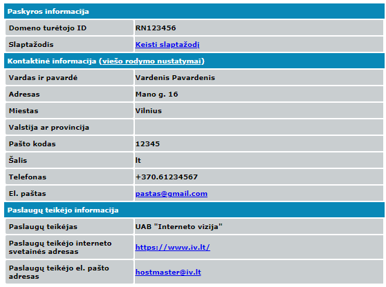 Kontaktinė domeno savininko informacija