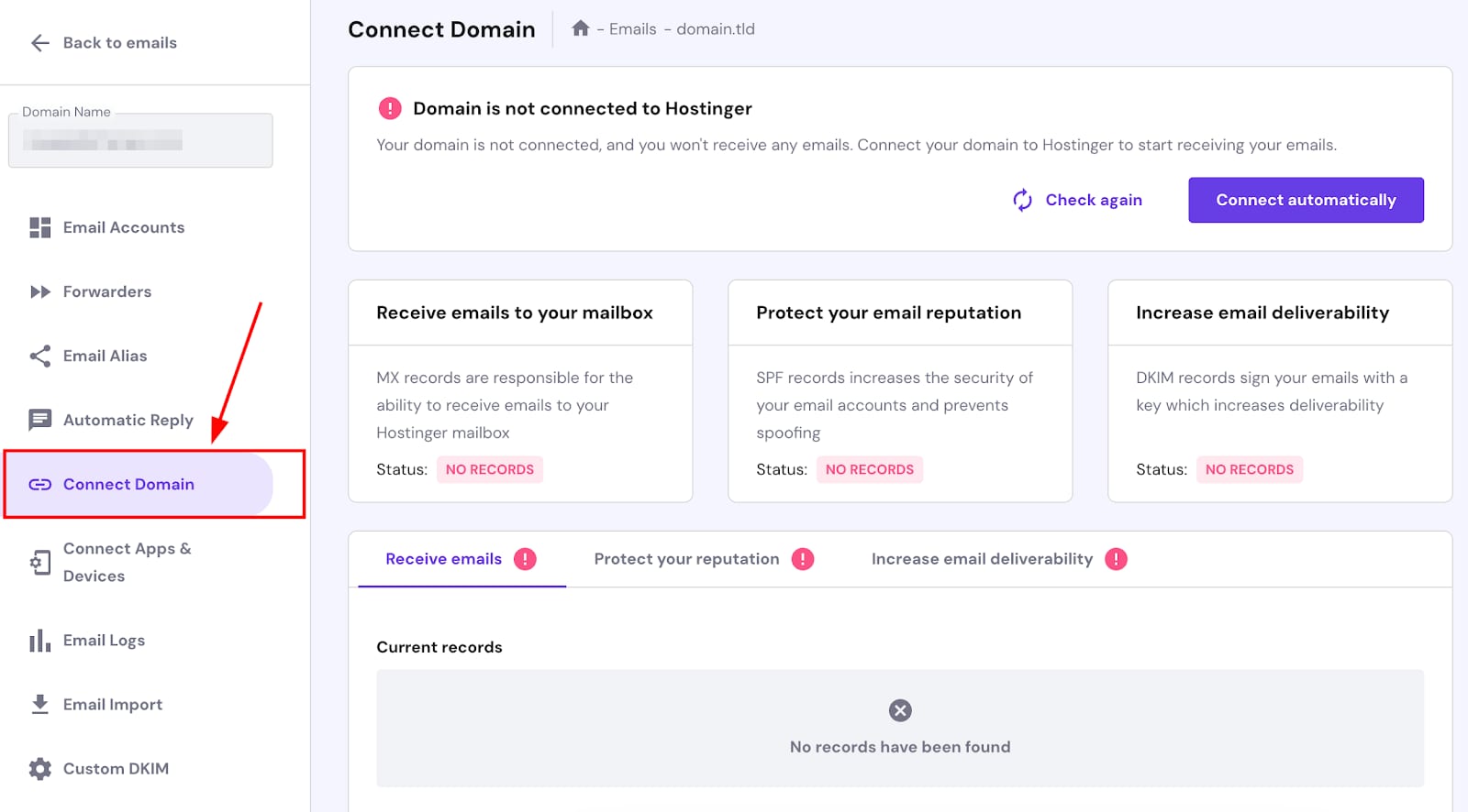 The Connect Domain tool in the email management area at Hostinger