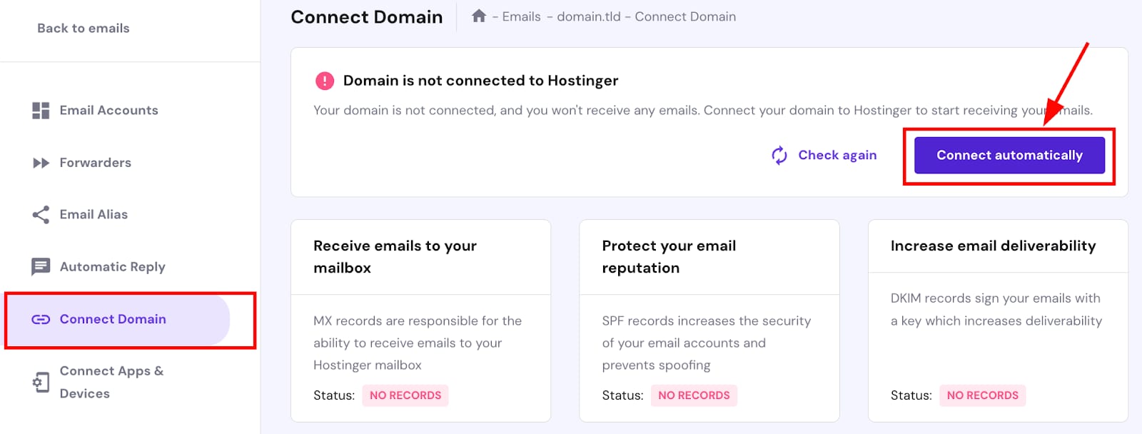 The feature to automatically connect a domain to the Hostinger Email service