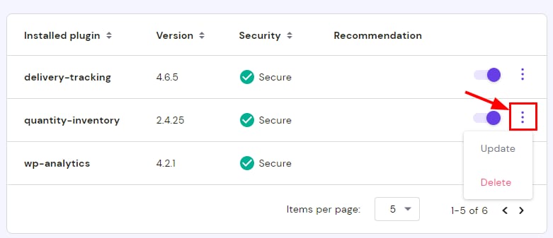 The options button on a plugin showing how to update or delete the plugin