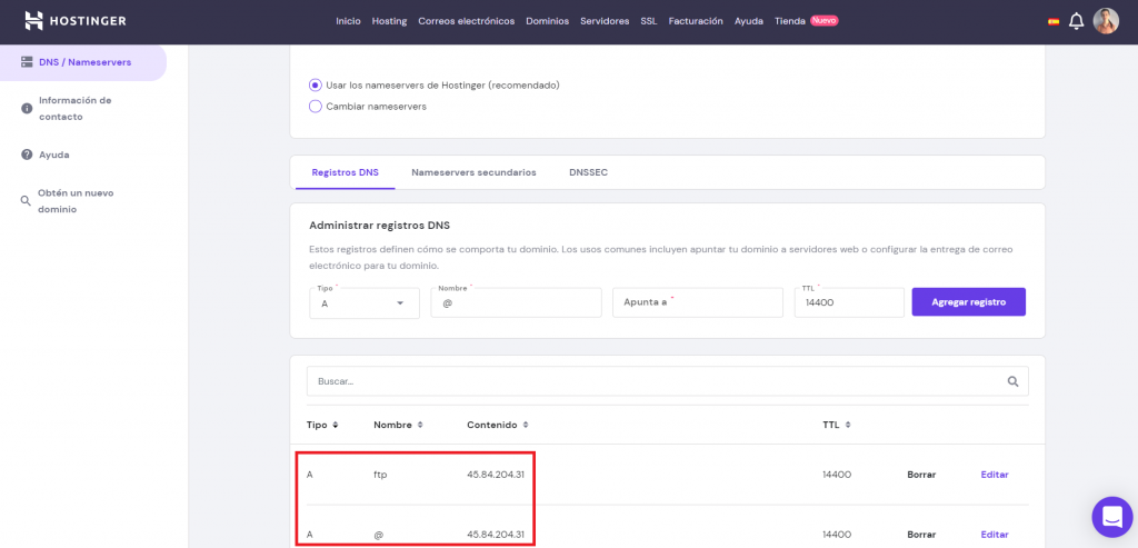Revisar el valor del A record del DNS