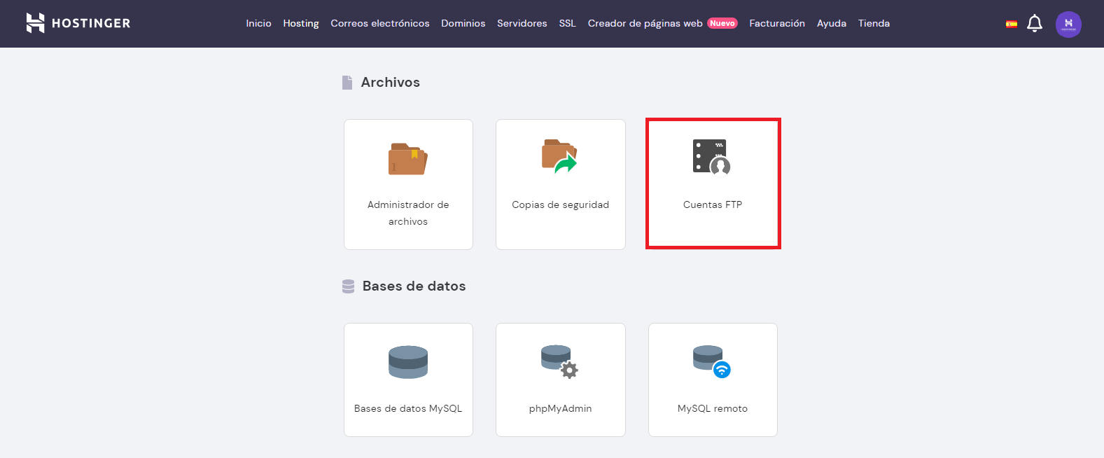 Ir a Cuentas FTP en la sección Archivos del hPanel