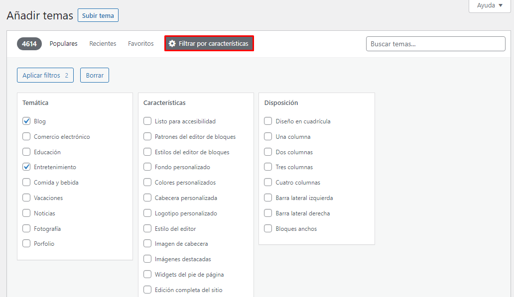 Filtrar temas por características en WordPress