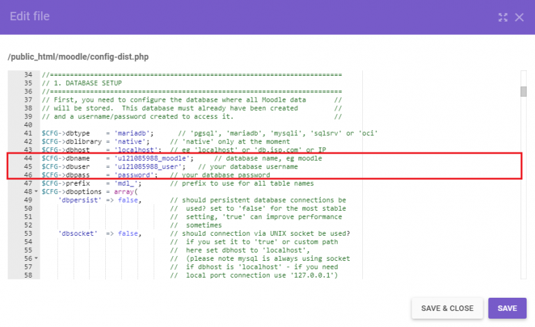 Información de la base de datos de Moodle en config-dist.php