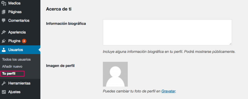 Tu perfil de información usuario.