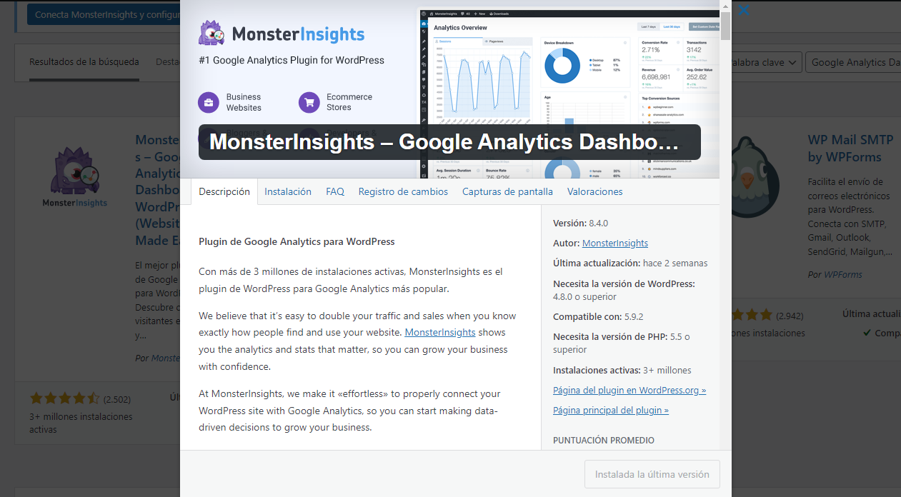 Detalles del plugin MonsterInsights en WordPress