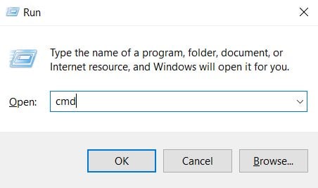 La aplicación Ejecutar para abrir el símbolo del sistema en Windows