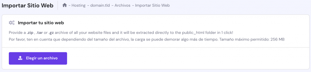 Importador automático de sitios web en hPanel