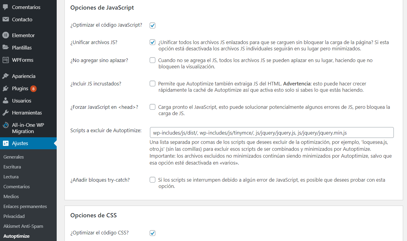 Optimizar JavaScript y CSS con el plugin Autoptomize