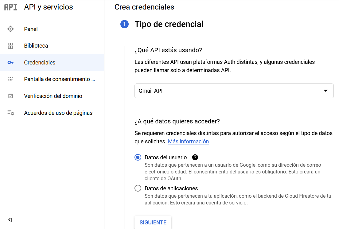 Crear credenciales en la API de Gmail