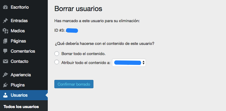 Borrando un nombre de usuario de WordPress.