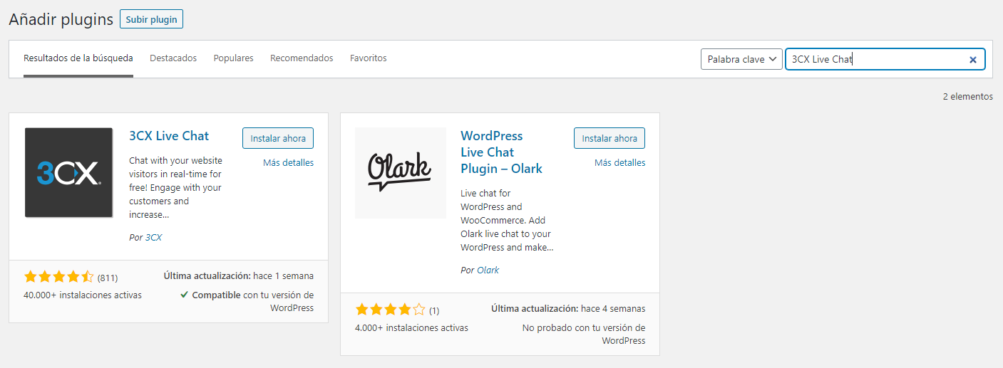 Imagen mostrando cómo agregar el plugin 3CX en WordPress