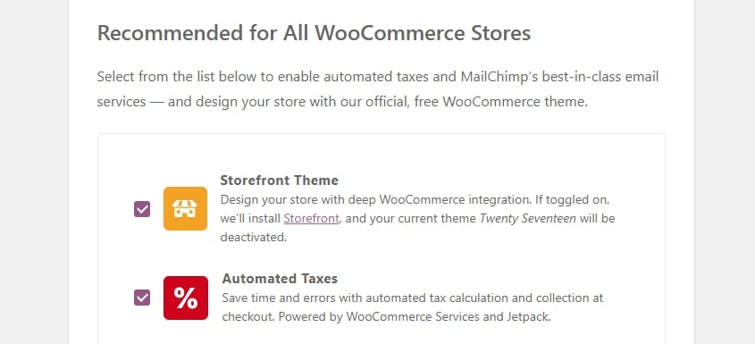 Parte del asistente de configuración de WooCommerce.