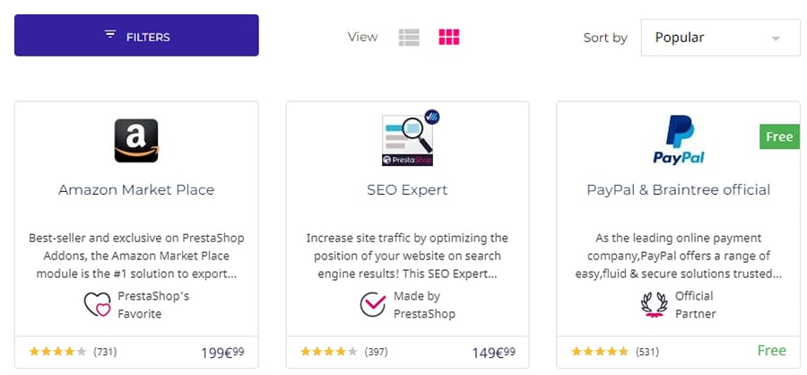 Varios ejemplos de módulos de PrestaShop.