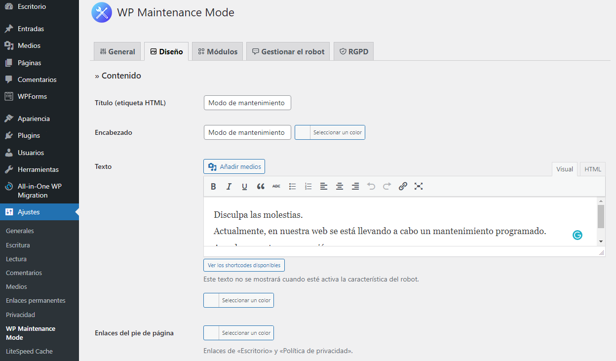 Sección Diseño en el menú de WP Maintenance Mode