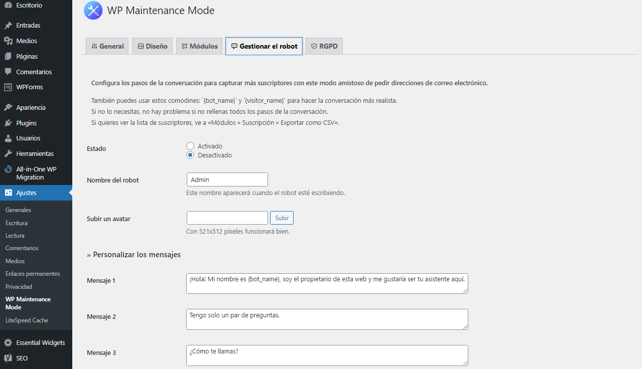 Sección Gestionar el robot en el menú de WP Maintenance Mode