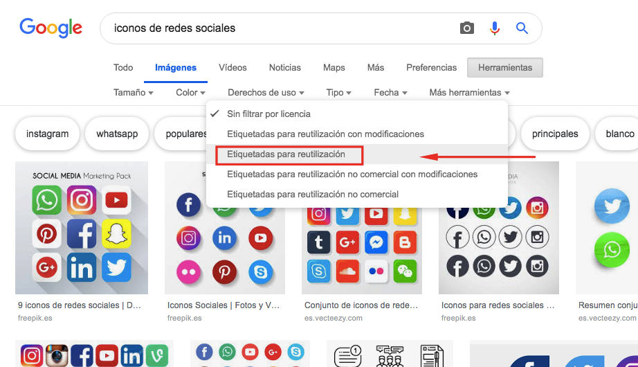 Imagen de búsqueda de Google filtrada con etiquetado para reutilizar los derechos de uso.