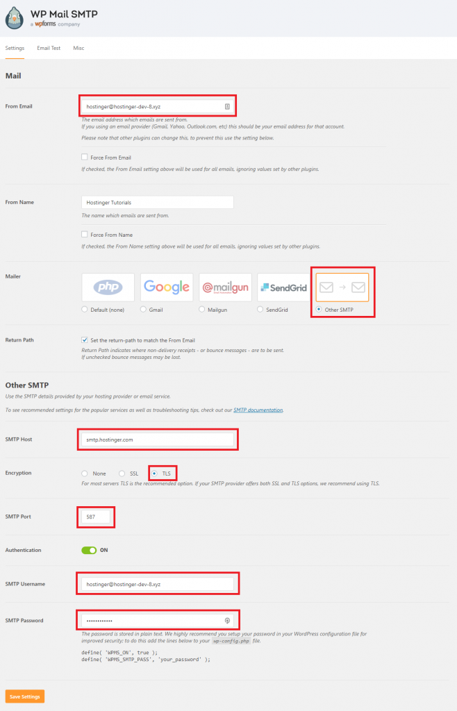 Configuración del complemento WTP Mail SMTP