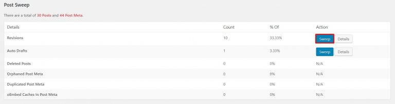 Botón de barrido para eliminar revisiones