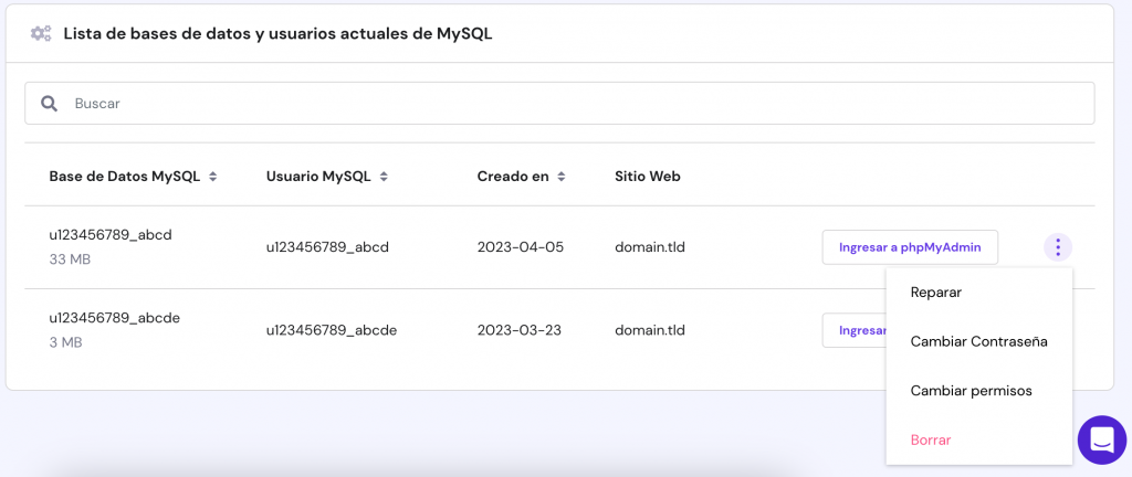 La página de gestión de Bases de Datos en hPanel. Se muestran todas las opciones