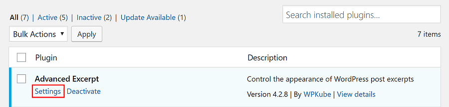 Extracto de WordPress configuración del complemento.