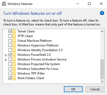 Activación del cliente Telnet en Windows.