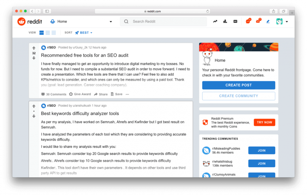 Sección SEO de Reddit