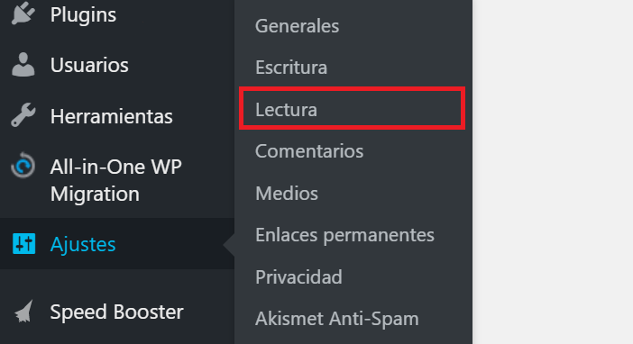 Sección Lectura en Ajustes del panel de WordPress
