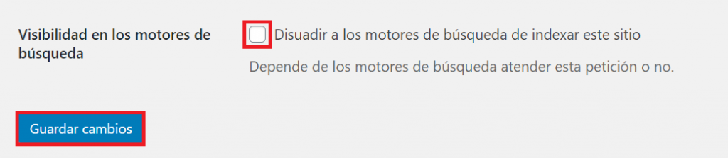 Visibilidad en los motores de búsqueda desmarcado en WordPress