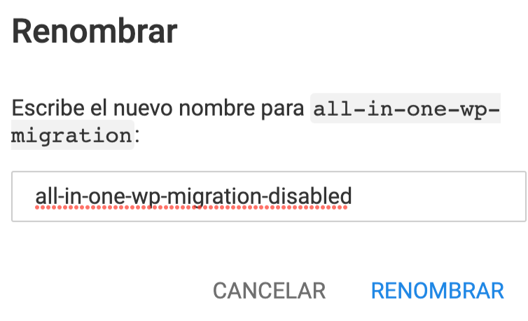 La ventana de renombrado de plugins en el gestor de archivos Hostinger