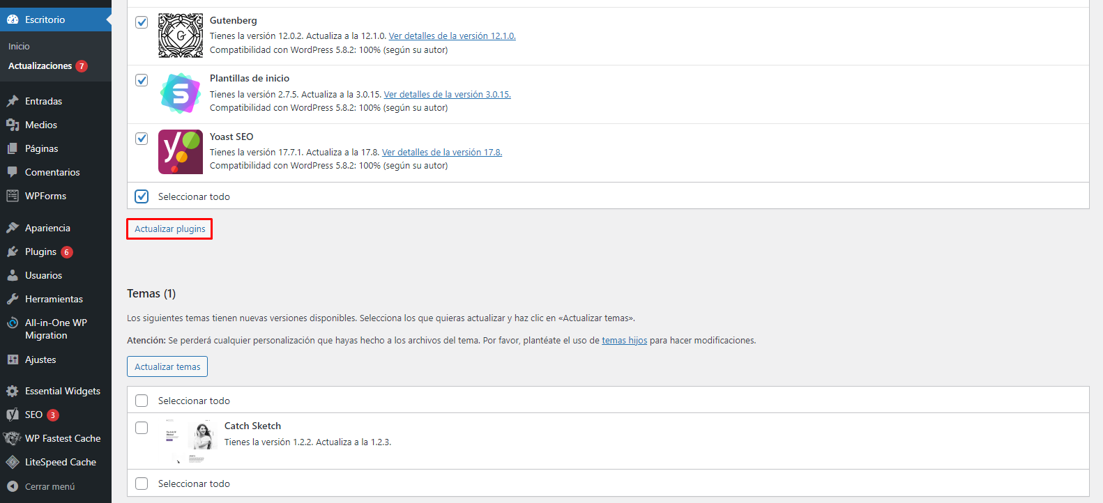 Actualizar plugins desde el panel de contro de WordPress