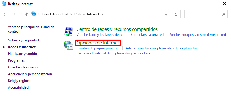 Opciones de internet en el panel de control de Window