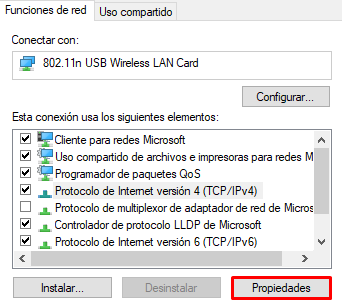 Propiedades de red en Windows