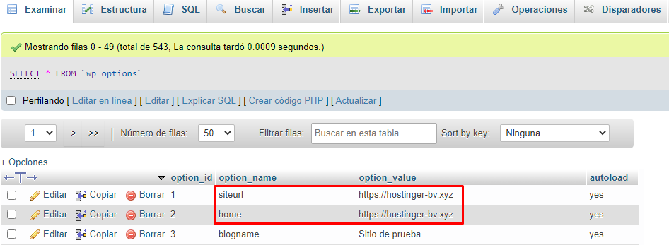 wp_options en phpMyAdmin