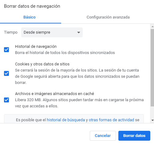 Ventana para borrar datos de navegación