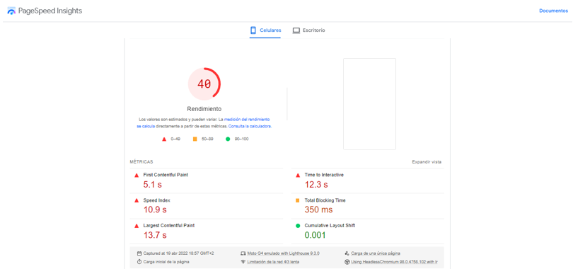 Visualización de PageSpeed cuando la web tiene bajo rendimiento
