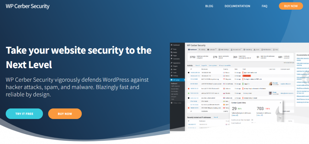 Página de inicio del plugin de seguridad WP Cerber Security.