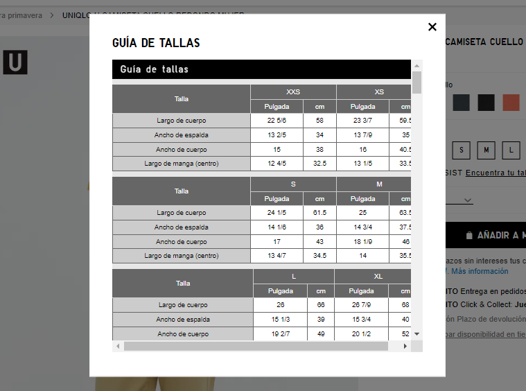 Ejemplo de la descripción de un producto detallada de medidas y tallas