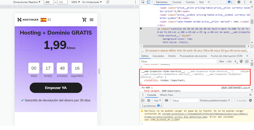 Visualización de la opción ocultar elemento