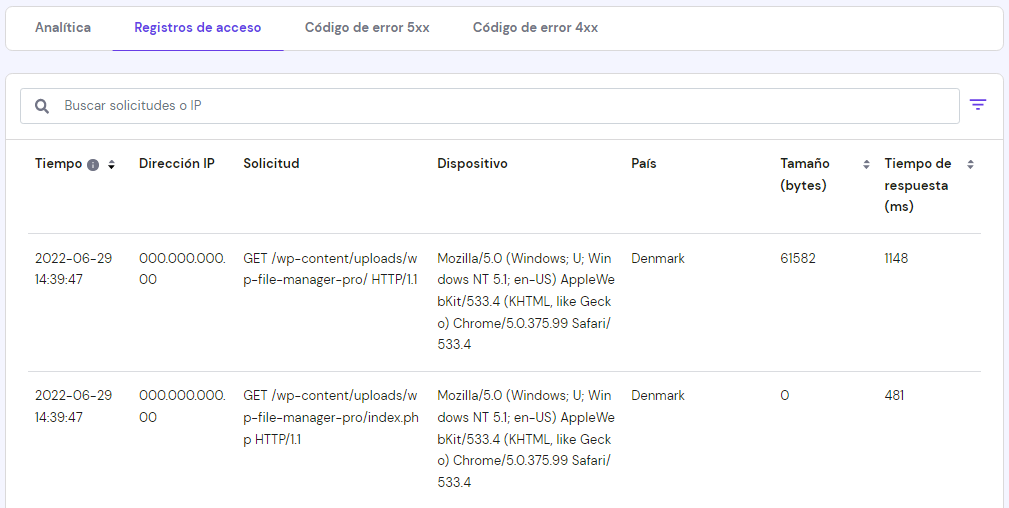 Sección de registros de acceso en hpanel